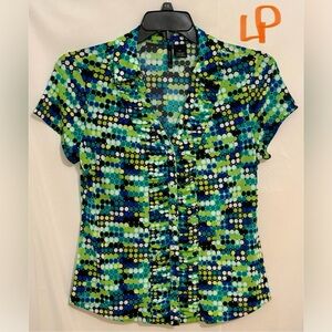 New Directions Multicolored Ruched Short Sleeve Blouse